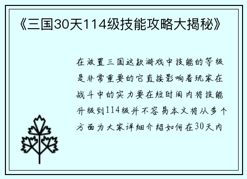 《三国30天114级技能攻略大揭秘》