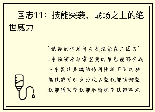 三国志11：技能突袭，战场之上的绝世威力
