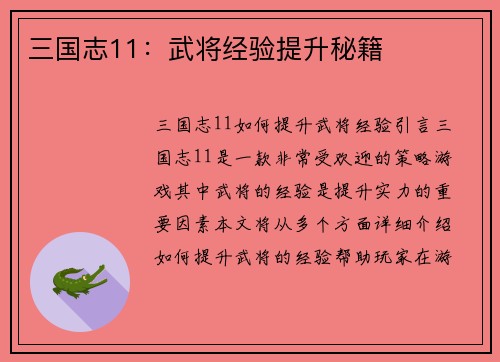 三国志11：武将经验提升秘籍