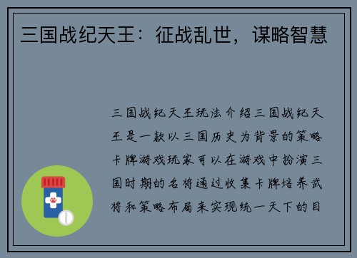 三国战纪天王：征战乱世，谋略智慧